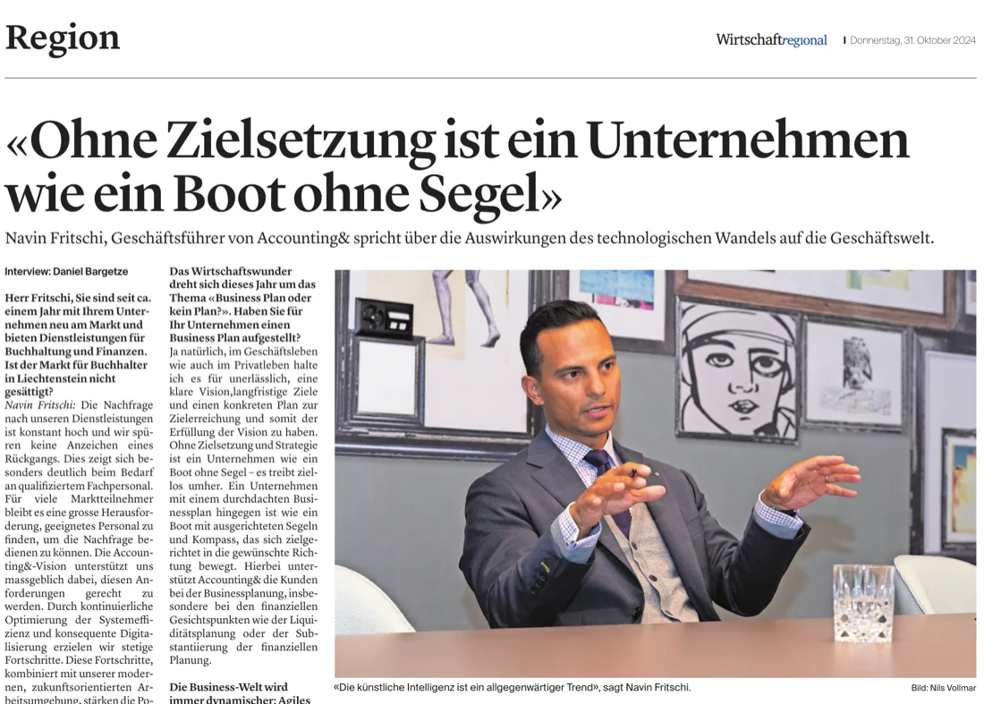 Zeitungsausschnitt: Interview mit Navin Fritschi in «Wirtschaft regional»