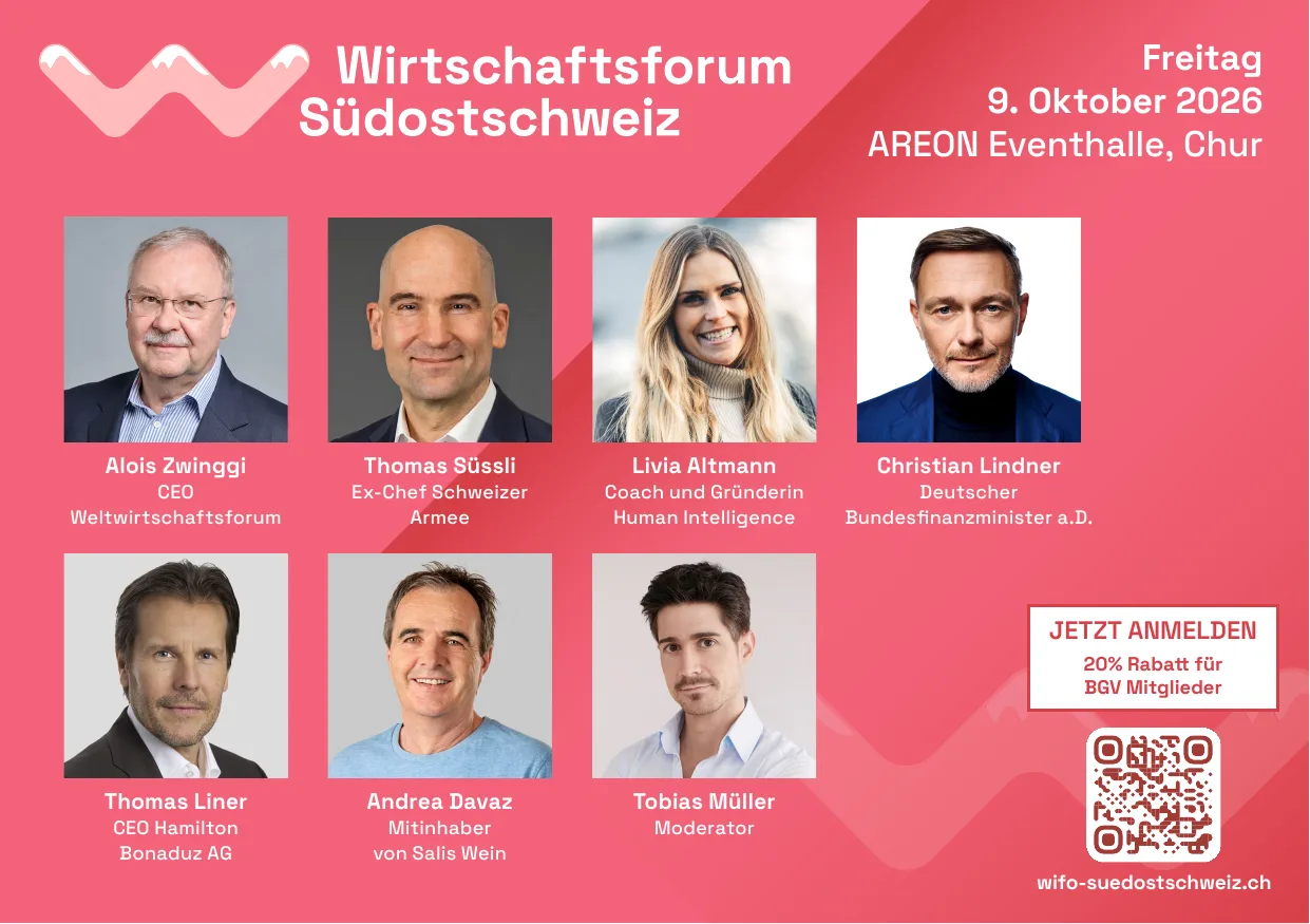 Flyer Wirtschaftsforum Südostschweiz 2026 mit den Referentinnen und Referenten